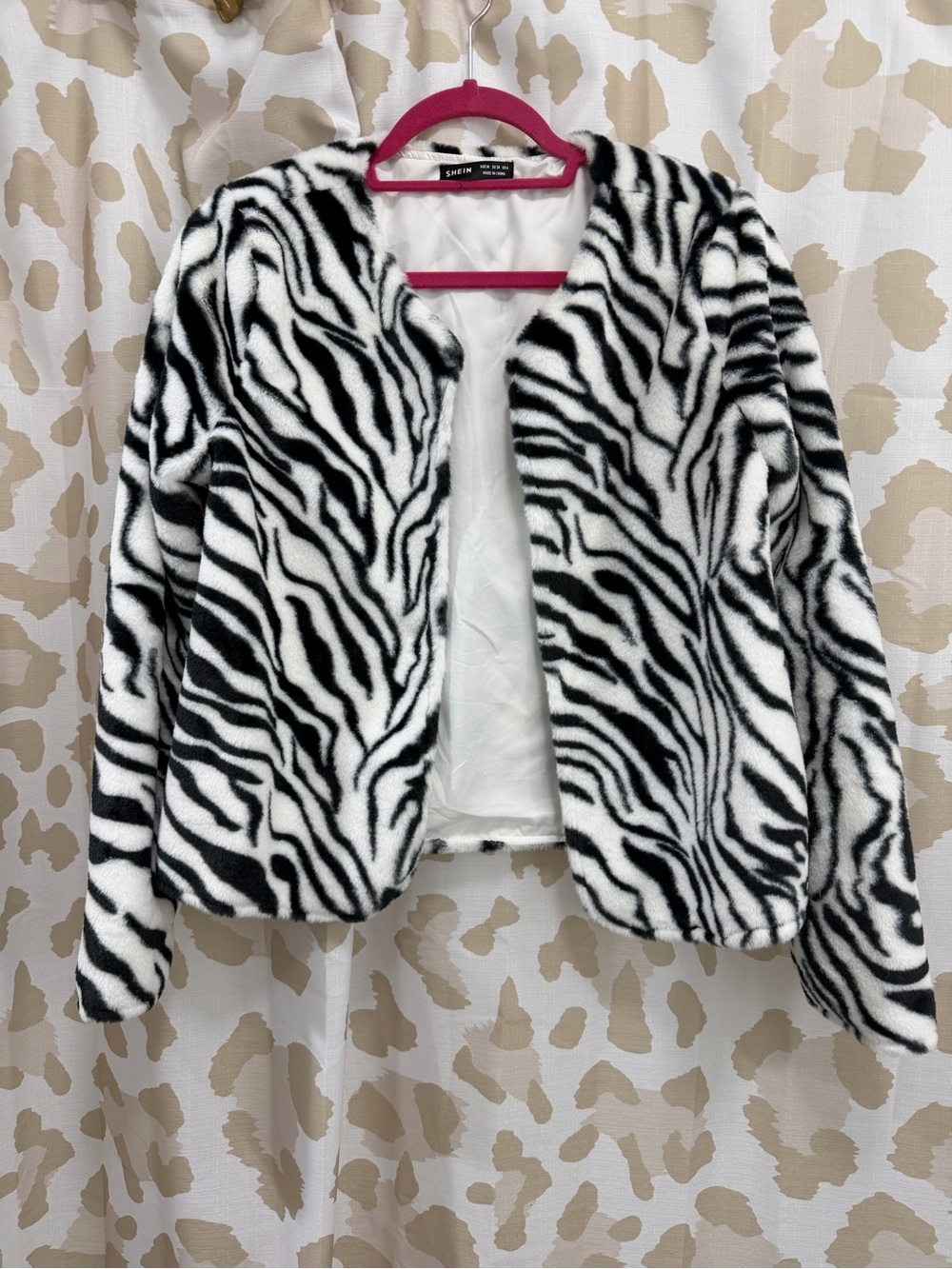SHEIN Medium Black & White Zebra Faux Fur Open-Front Coat
